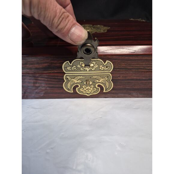Antique 1800 Vintage Asian Jewlery Box Storage And Mirror (With Golden Trim And Detailed Art